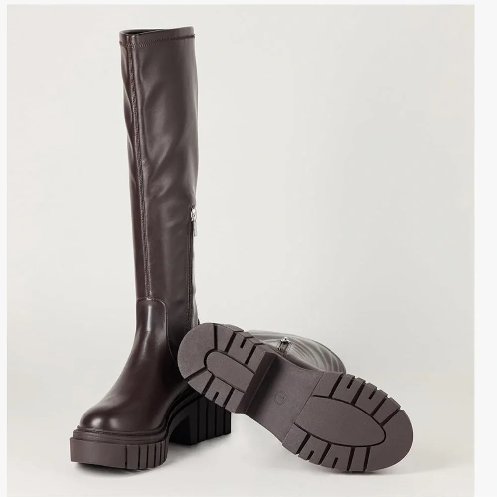 THE DROP KENNEDY Y2K Lug Sole Platform Boots Brown Knee High 14” Calf Y2K NWT